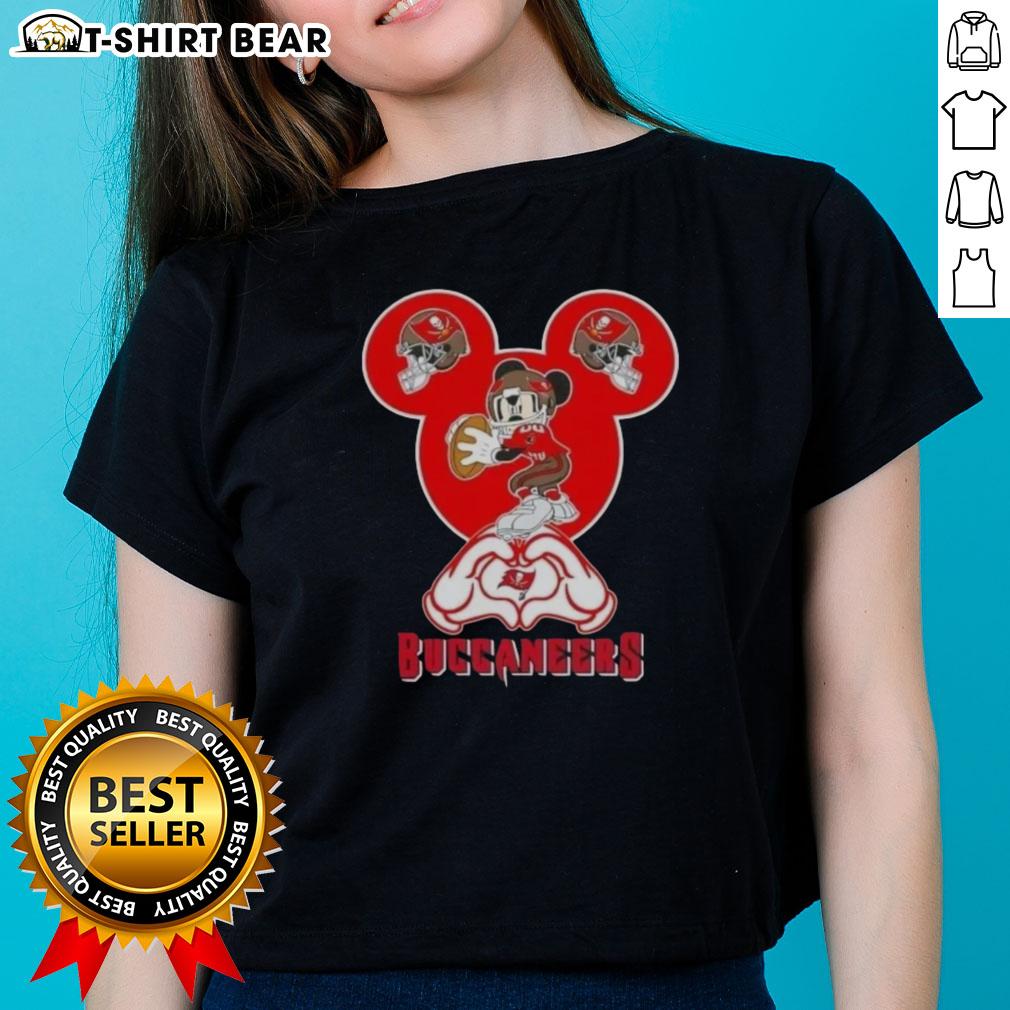 Top Mickey hands forming a heart on a Tampa Bay Buccaneers football ladies tee, showcasing team spirit and love.