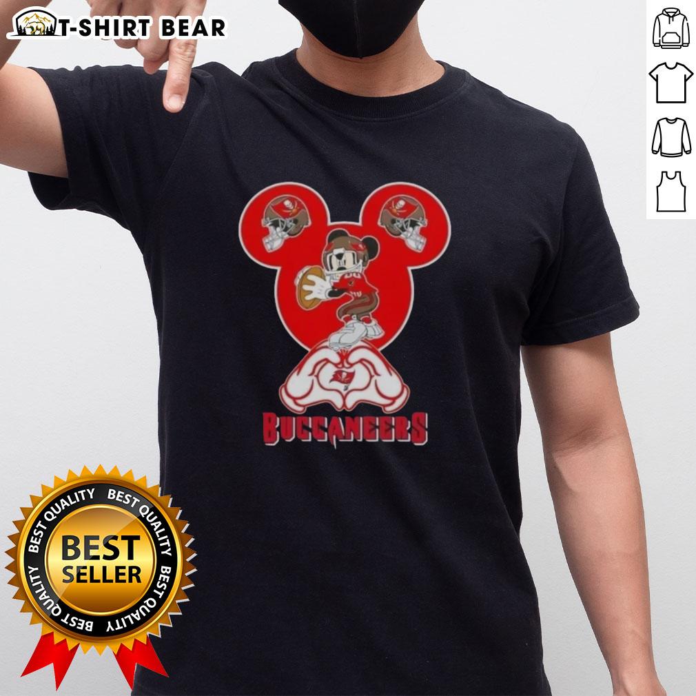 Top Mickey Hands Heart Love graphic on Tampa Bay Buccaneers Football T-Shirt, perfect for fans and Disney lovers.