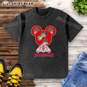 Top Mickey hands forming a heart on a love-themed Tampa Bay Buccaneers football washed t-shirt design.