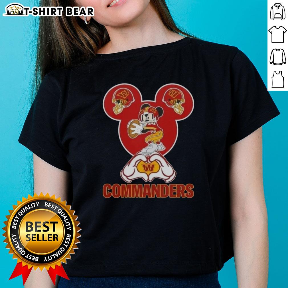 Top Mickey Hands Heart Love Washington Commanders Football Ladies Tee showcasing team spirit and style for fans.