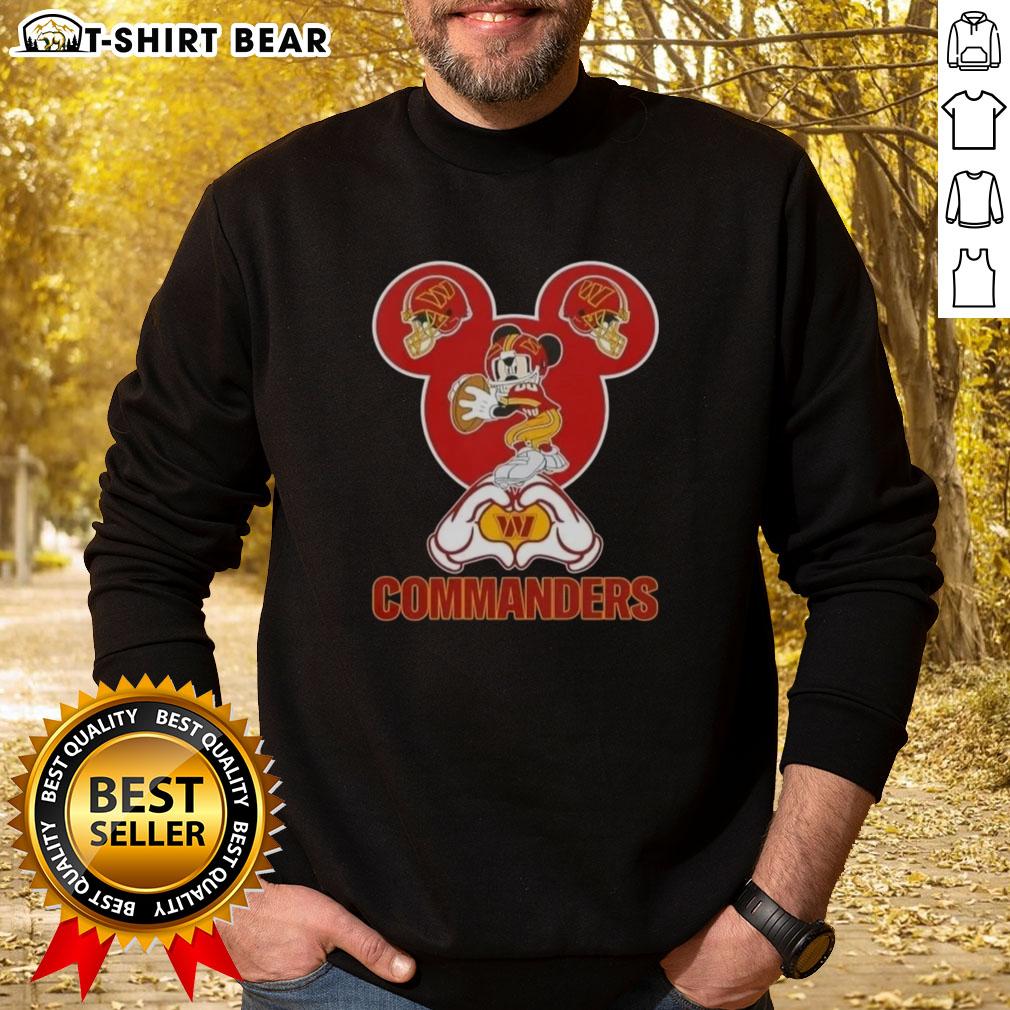 Top Mickey Hands Heart Love sweatshirt for Washington Commanders football fans, perfect for game day style.