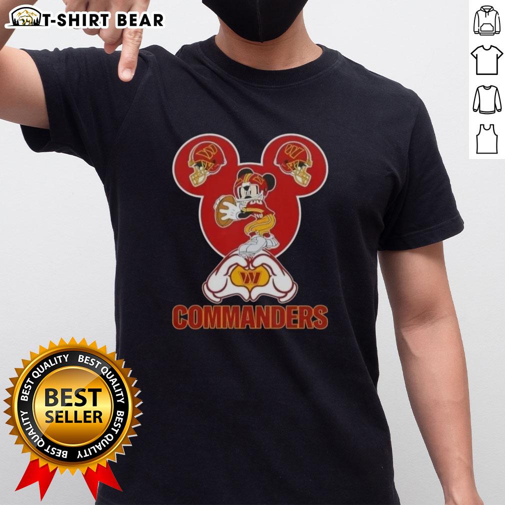 Top Mickey hands forming a heart on a love-themed Washington Commanders football T-shirt design.