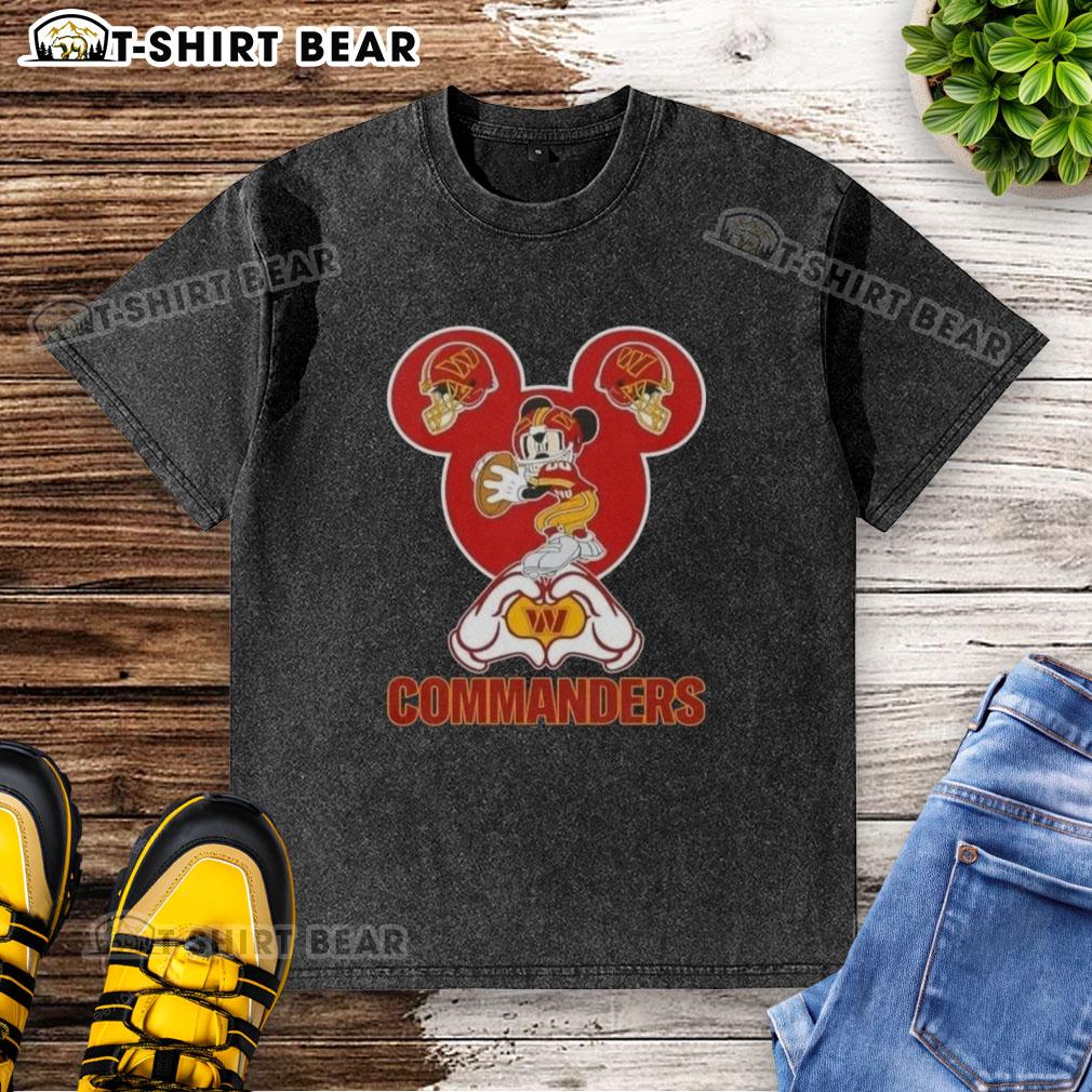Top Mickey hands forming a heart on a love-themed Washington Commanders football washed t-shirt.