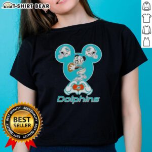 Ladies tee featuring top Mickey hands forming a heart, supporting Miami Dolphins football team style.