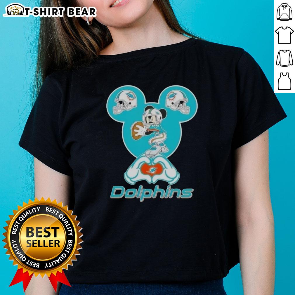Ladies tee featuring top Mickey hands forming a heart, supporting Miami Dolphins football team style.