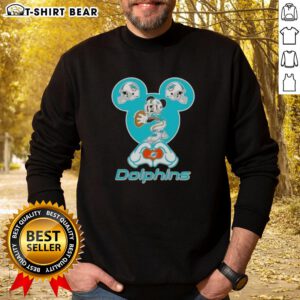 Alt Text: Top Mickey Hands Heart Miami Dolphins Football Sweatshirt featuring iconic Disney design and team colors.