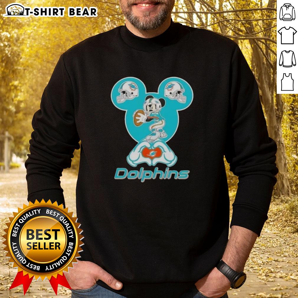 Alt Text: Top Mickey Hands Heart Miami Dolphins Football Sweatshirt featuring iconic Disney design and team colors.