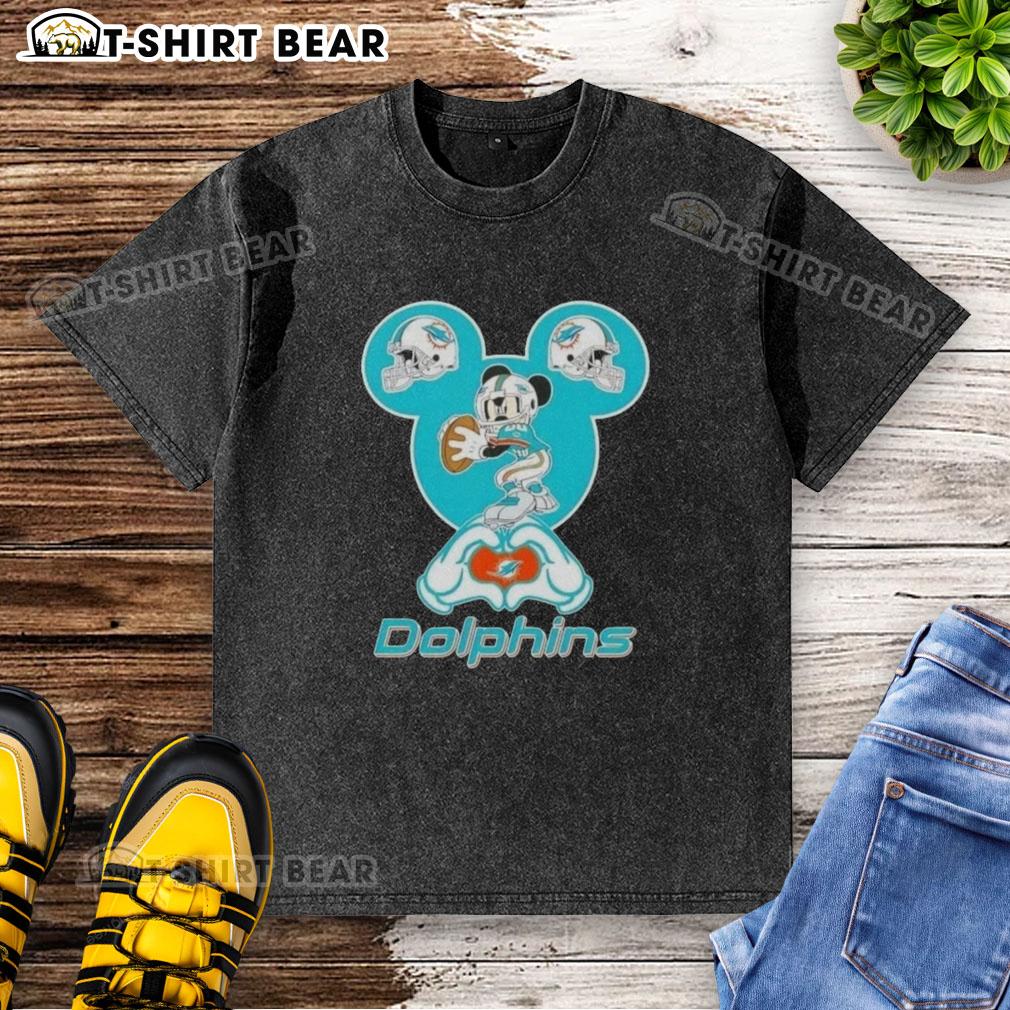 Miami Dolphins football washed t-shirt featuring top Mickey hands forming a heart, perfect for fans and casual wear.