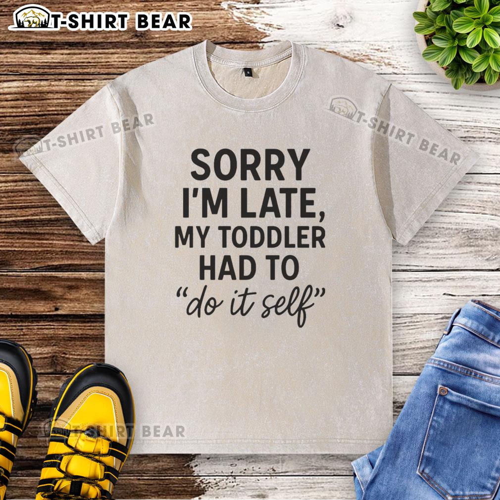 Funny toddler wearing 'Sorry I'm Late' DIY washed T-shirt, showcasing a playful and creative fashion choice for kids.