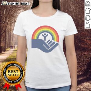 Brennan Huff wearing the Awesome Step Brothers United Way Rainbow Ladies Tee, showcasing vibrant colors and style.