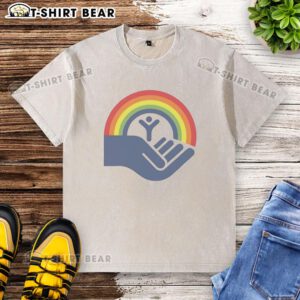 Alt Text: Brennan Huff wearing an Awesome Step Brothers United Way Rainbow Washed T-Shirt, showcasing vibrant colors.