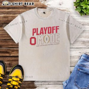 Alt Text: Funny Ohio State Buckeyes CFP 2025-2026 Playoff Mode logo on a washed t-shirt for fans and supporters.
