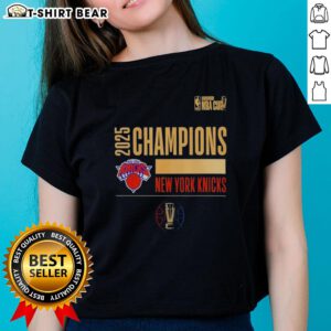 New York Knicks logo on a ladies tee celebrating the 2025 NBA Cup Champions, stylish and perfect for fans.