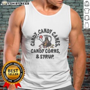 Good Candy tank top featuring colorful candy canes, candy corns, and syrup design for sweet fashion lovers.