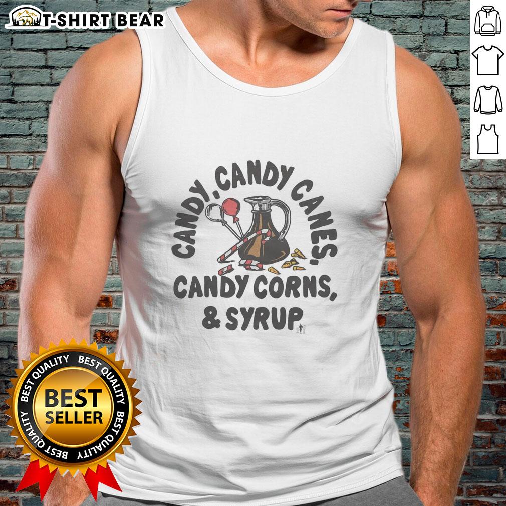 Good Candy tank top featuring colorful candy canes, candy corns, and syrup design for sweet fashion lovers.