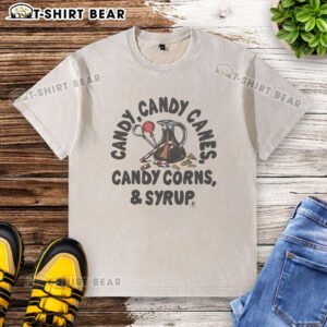 Good Candy T-Shirt featuring candy canes, candy corns, and syrup design for a fun, festive look.