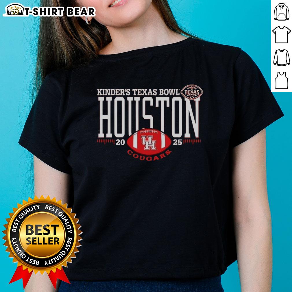 Alt Text: Good Houston Cougars 2025 Kinders Texas Bowl logo on a ladies tee, perfect for fans and game day attire.
