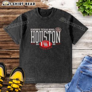 Alt Text: Houston Cougars 2025 Kinders Texas Bowl logo on a washed t-shirt, perfect for fans celebrating the game.