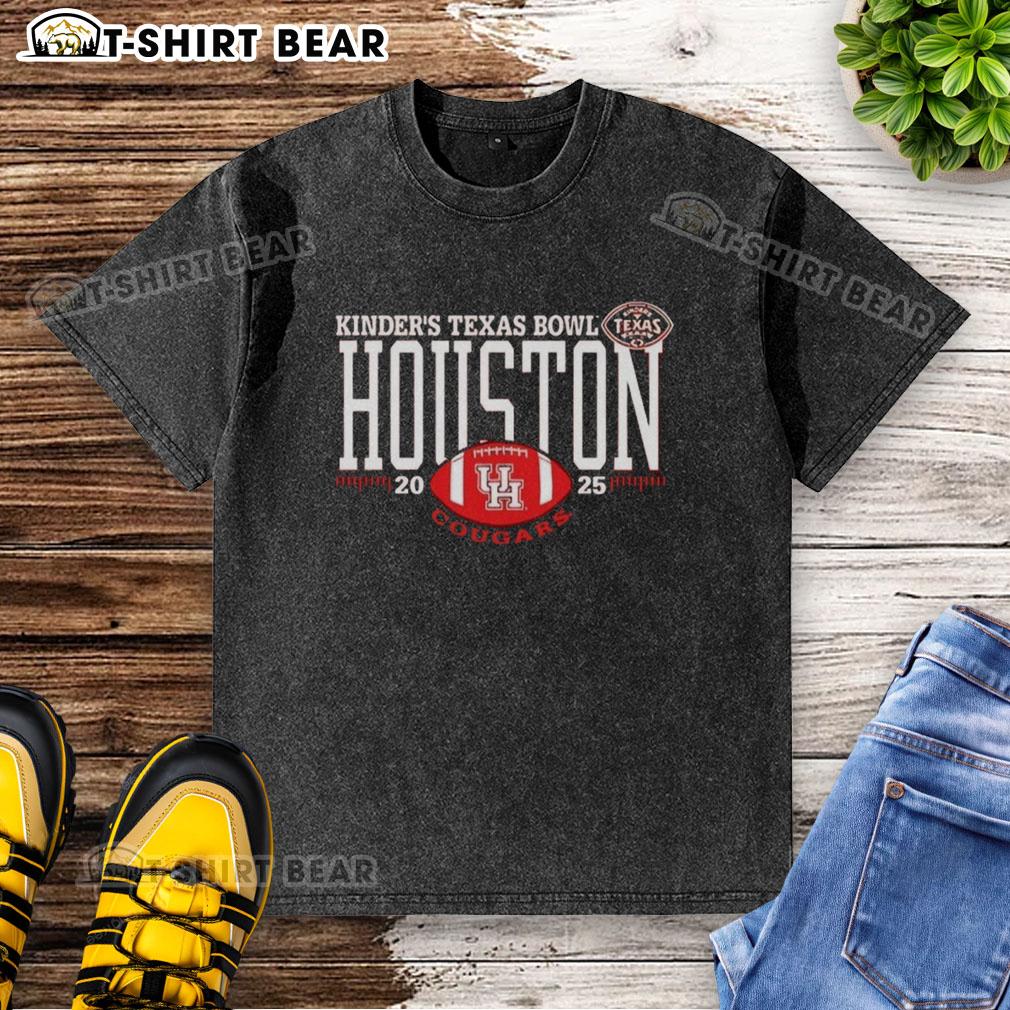 Alt Text: Houston Cougars 2025 Kinders Texas Bowl logo on a washed t-shirt, perfect for fans celebrating the game.
