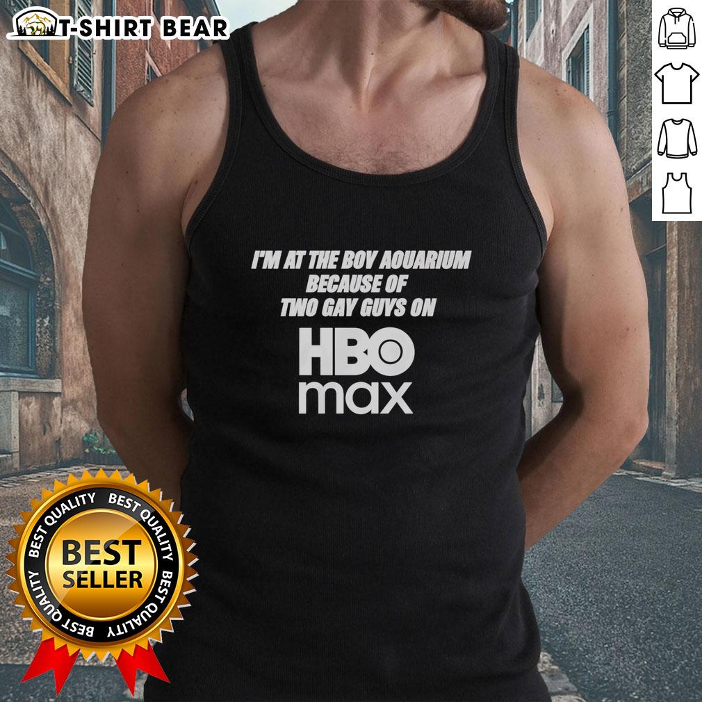 Two gay guys in an HBO Max tank top enjoying their time at the aquarium, showcasing LGBTQ+ pride and joy.