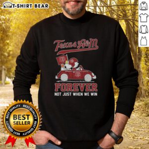 Good Snoopy and Charlie Brown Peanuts sweatshirt featuring Texas A&M Aggies driving car, perfect for fans celebrating victory.