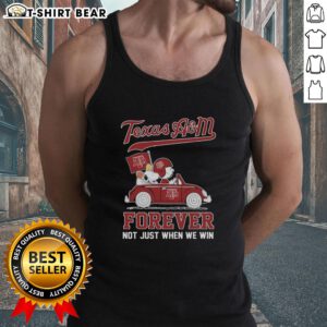 Good Snoopy and Charlie Brown driving car in Texas A&M Aggies tank top, celebrating teamwork and spirit, not just winning.