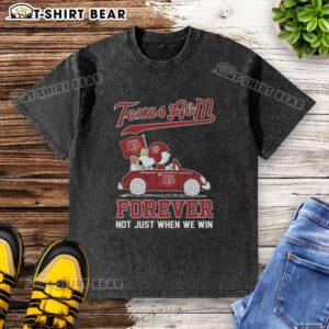Alt Text: Good Snoopy and Charlie Brown Peanuts driving car graphic on Texas A&M Aggies washed t-shirt, perfect for fans.