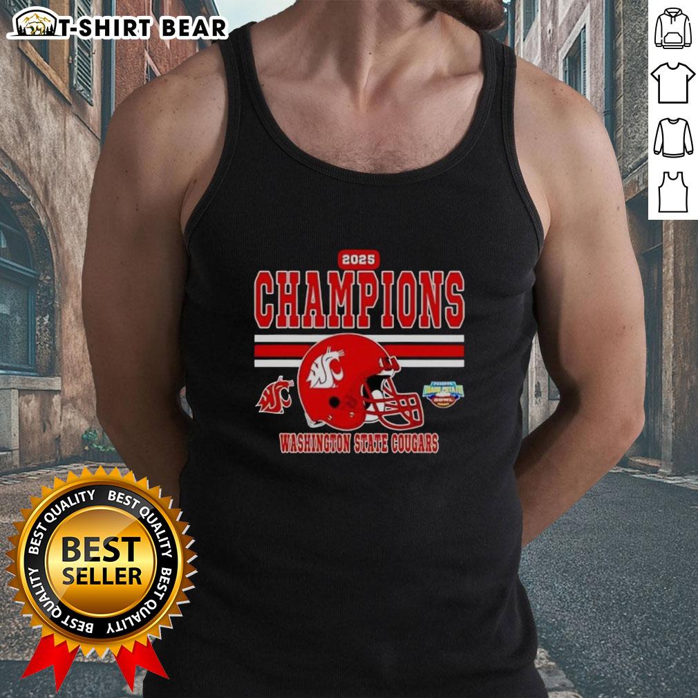 Good Washington State Cougars 2025 Potato Bowl Champions helmet tank top featuring team colors and logo.