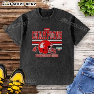 2025 Potato Bowl Champions Washington State Cougars helmet graphic on a washed t-shirt for fans.