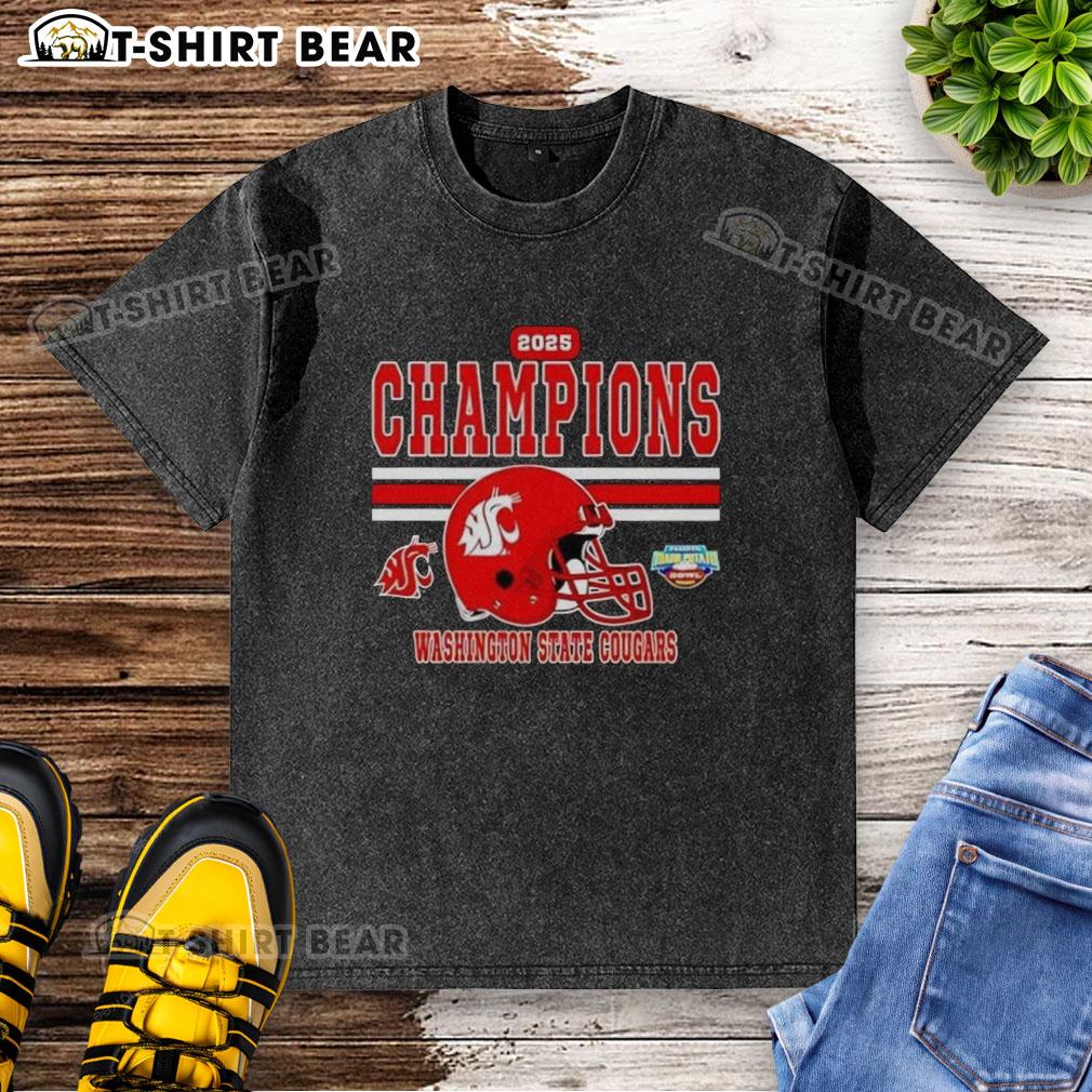 2025 Potato Bowl Champions Washington State Cougars helmet graphic on a washed t-shirt for fans.