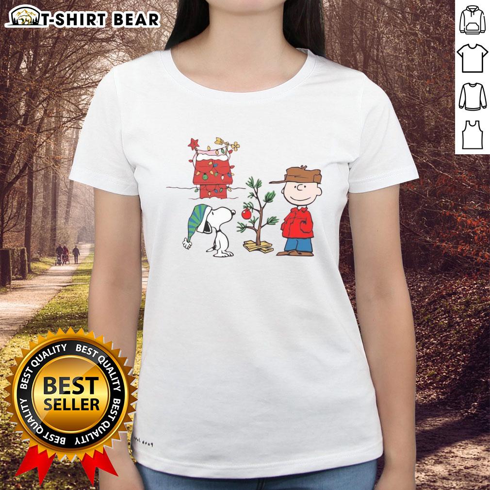 Happy Classic Christmas A Very Charlie Brown Tree Ladies Tee featuring a festive design with a whimsical tree illustration.