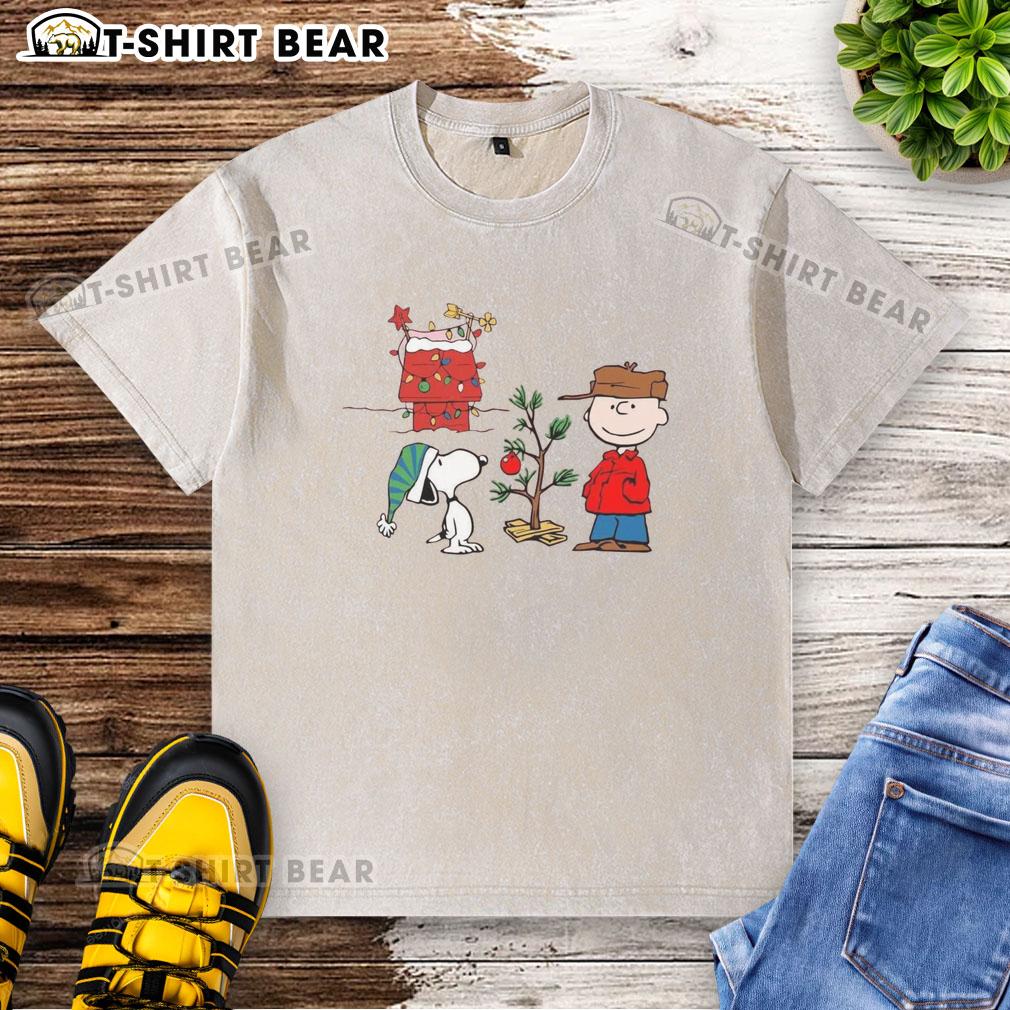 Alt Text: Happy Classic Christmas A Very Charlie Brown Tree washed t-shirt featuring a festive design with Charlie Brown's iconic tree.