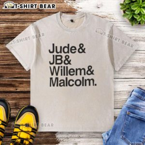 Happy Jude, JB, Willem, and Malcolm wearing washed t-shirts, showcasing vibrant colors and cheerful expressions.