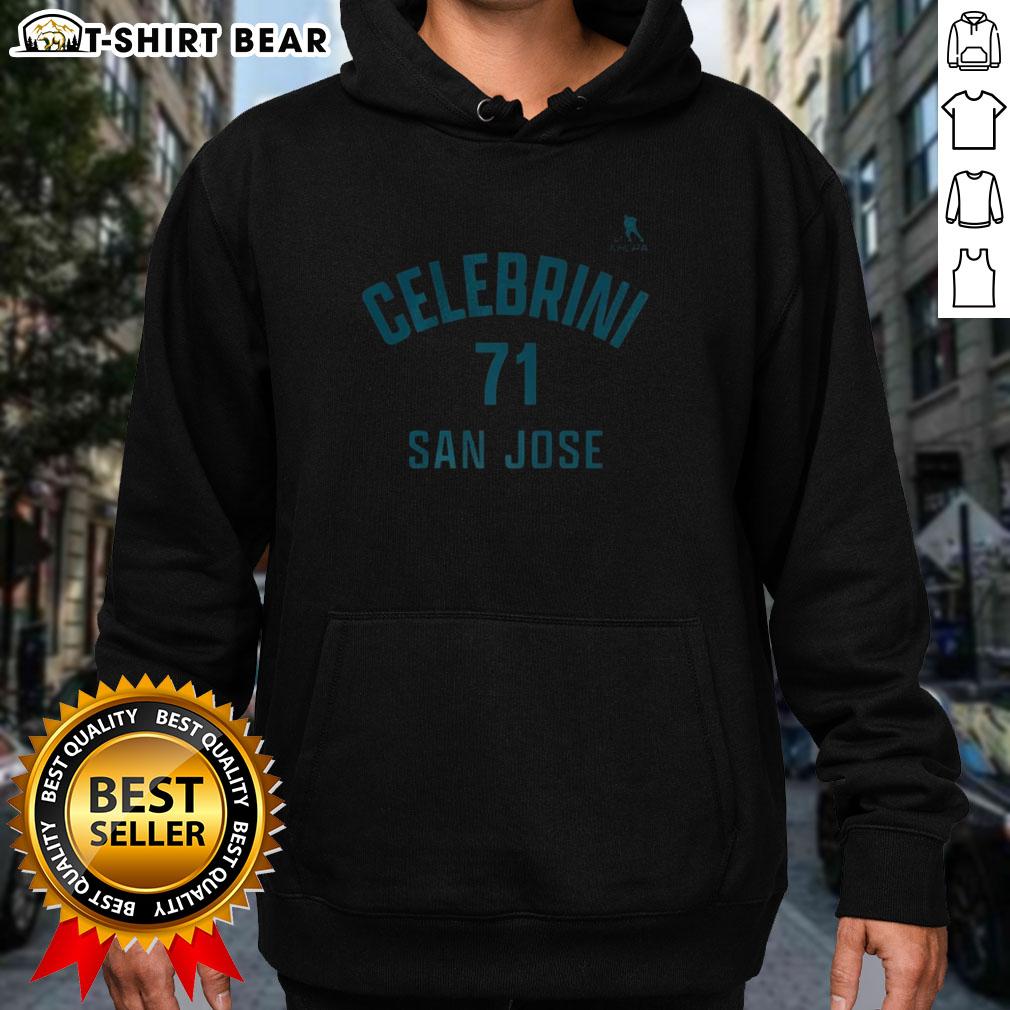 Alt Text: Happy Macklin Celebrini San Jose Sharks hoodie with name and number 71, showcasing team spirit and style.