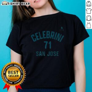 Alt Text: Happy Macklin Celebrini San Jose Sharks ice hockey ladies tee with name and number 71, featuring vibrant team colors.
