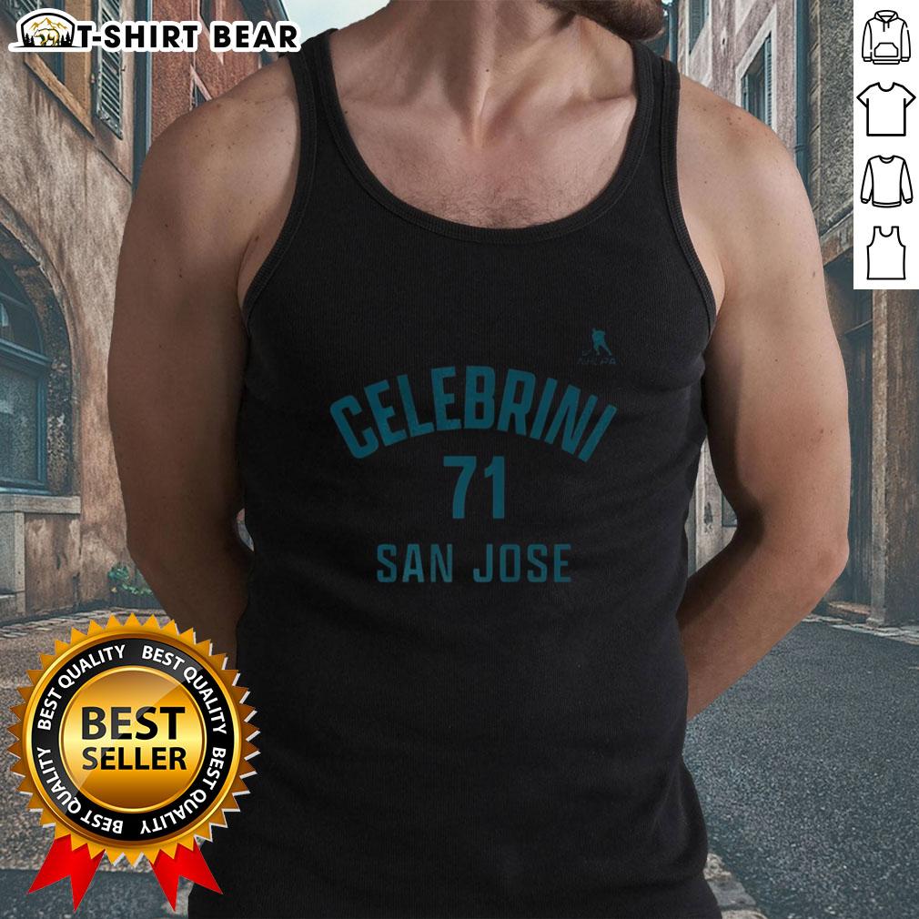 Happy Macklin Celebrini wearing San Jose Sharks tank top with name and number 71, showcasing team spirit.