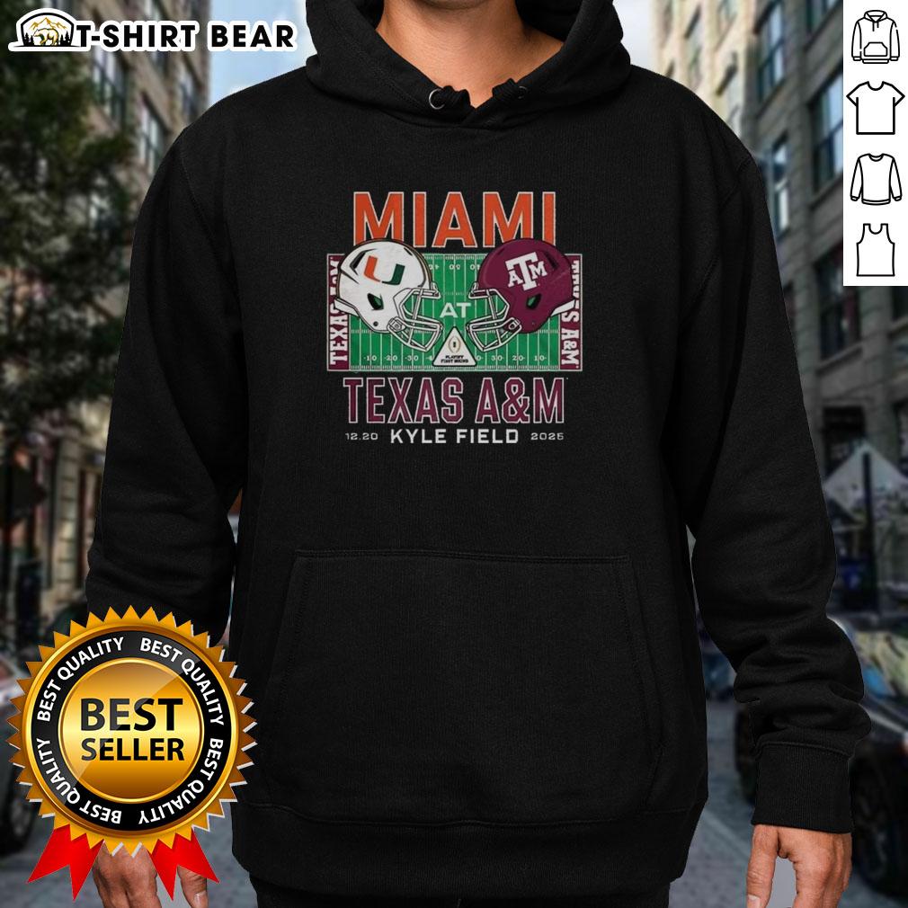 Happy fan wearing Miami Hurricanes vs Texas A&M Aggies hoodie at Kyle Field, NCAA football game 2025.
