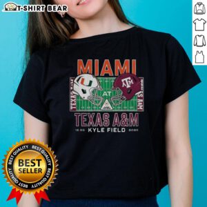 Ladies tee featuring the Miami Hurricanes vs Texas A&M Aggies NCAA helmet design at Kyle Field 2025.