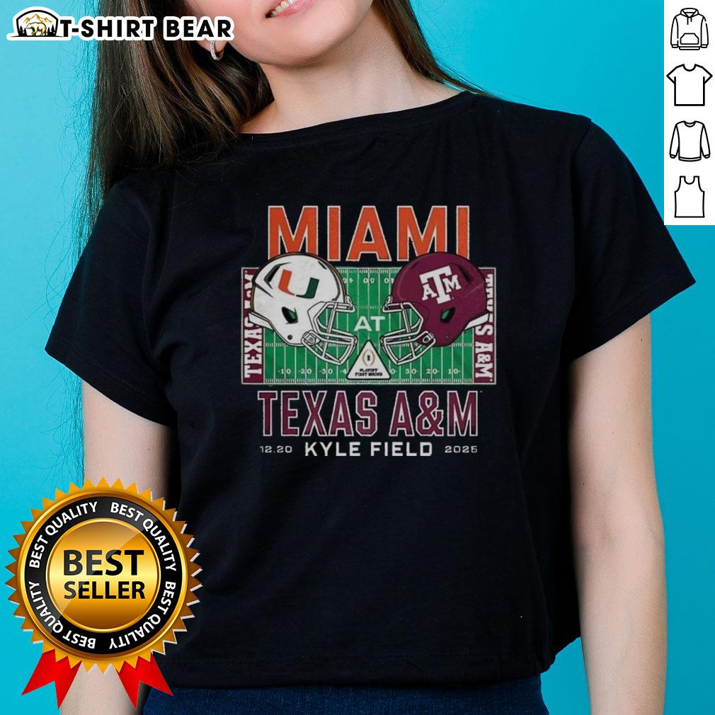 Ladies tee featuring the Miami Hurricanes vs Texas A&M Aggies NCAA helmet design at Kyle Field 2025.