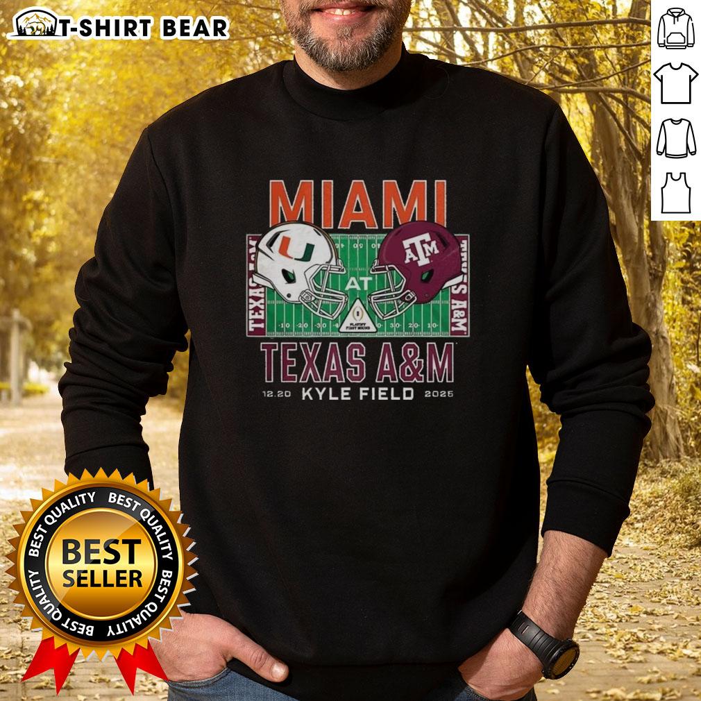 Alt Text: Happy Miami Hurricanes vs Texas A&M Aggies NCAA Kyle Field 2025 sweatshirt featuring vibrant team logos and colors.