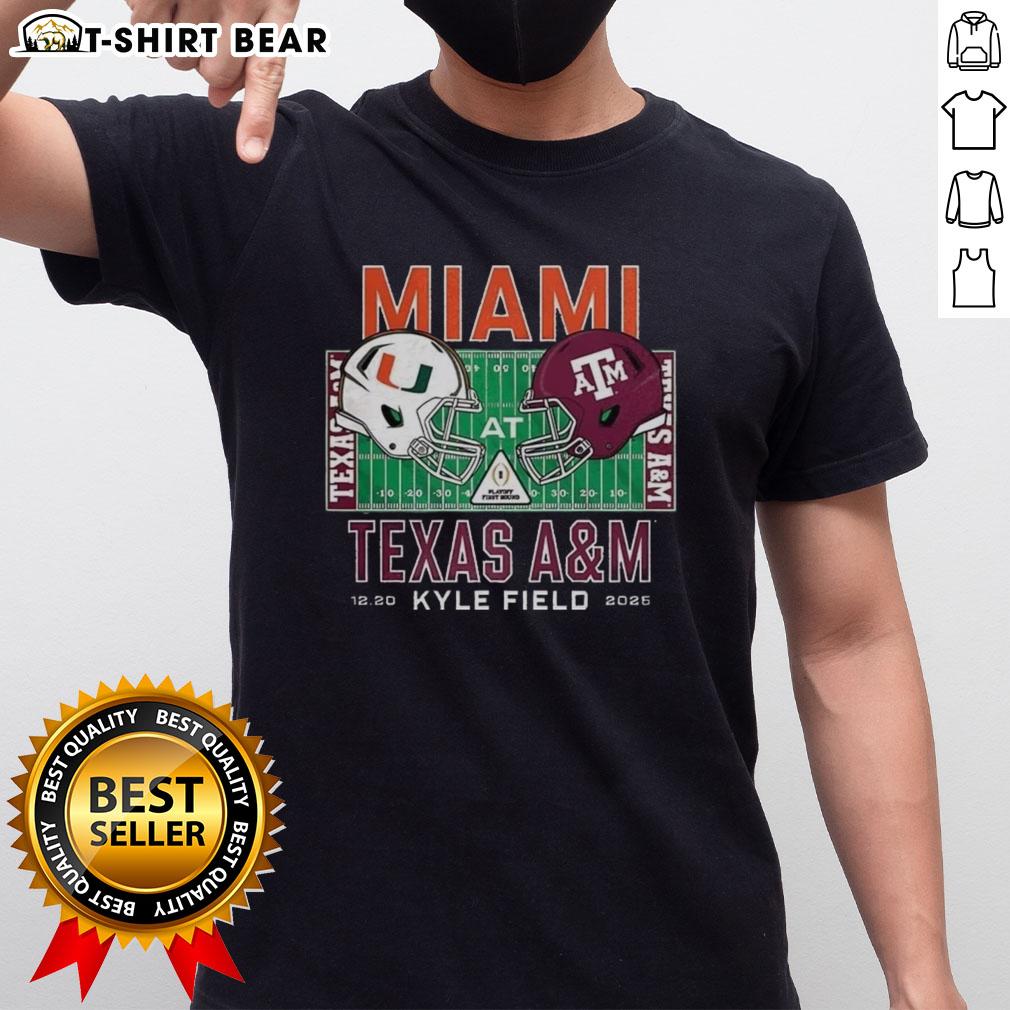 Happy fan wearing Miami Hurricanes vs Texas A&M Aggies NCAA helmet T-shirt at Kyle Field, 2025 game day excitement.
