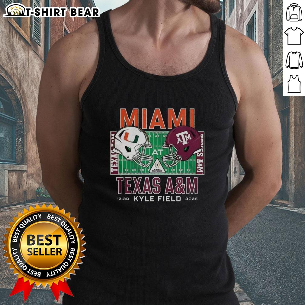Happy Miami Hurricanes vs Texas A&M Aggies NCAA helmet tank top design for 2025 game at Kyle Field.