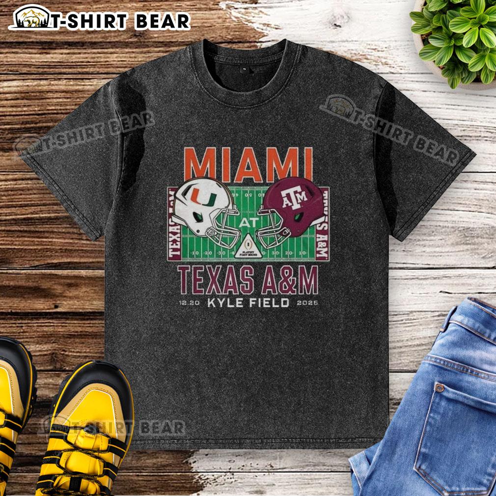 Alt Text: Happy Miami Hurricanes vs Texas A&M Aggies NCAA 2025 helmet washed t-shirt featuring team logos and vibrant colors.
