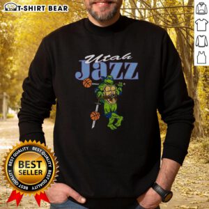 Happy TMNT Leonardo wearing a Utah Jazz sweatshirt, showcasing a fun blend of pop culture and sports fashion.