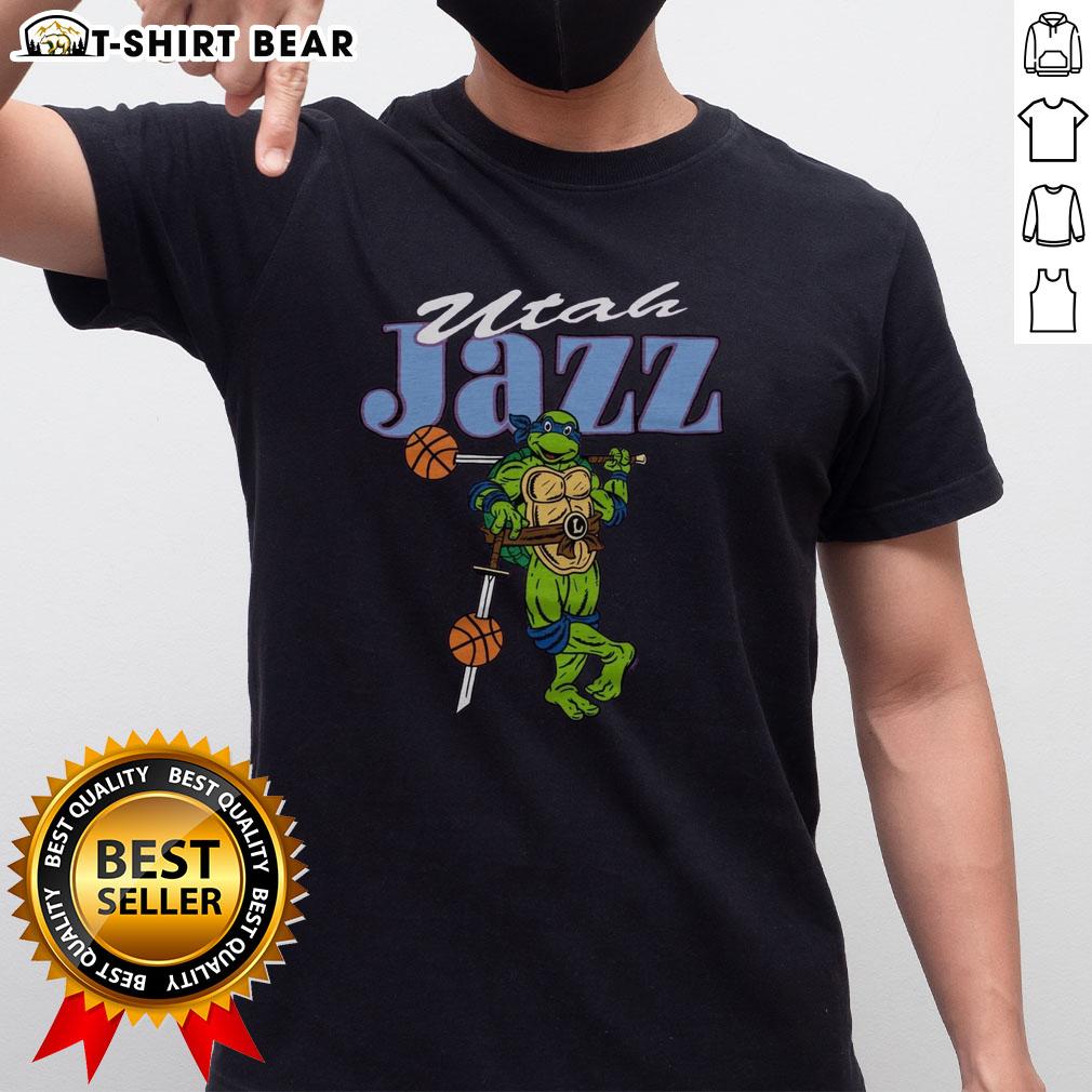 Happy TMNT Leonardo X Utah Jazz T-Shirt featuring a vibrant design celebrating the Teenage Mutant Ninja Turtles and basketball.