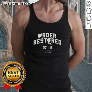 Ann Arbor tank top featuring the phrase 'Hot Order Restored 29-9' in vibrant colors, perfect for casual wear.