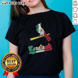 Stylish ladies tee featuring the St. Louis Cardinals logo and vibrant Mexican flag design, perfect for baseball fans.