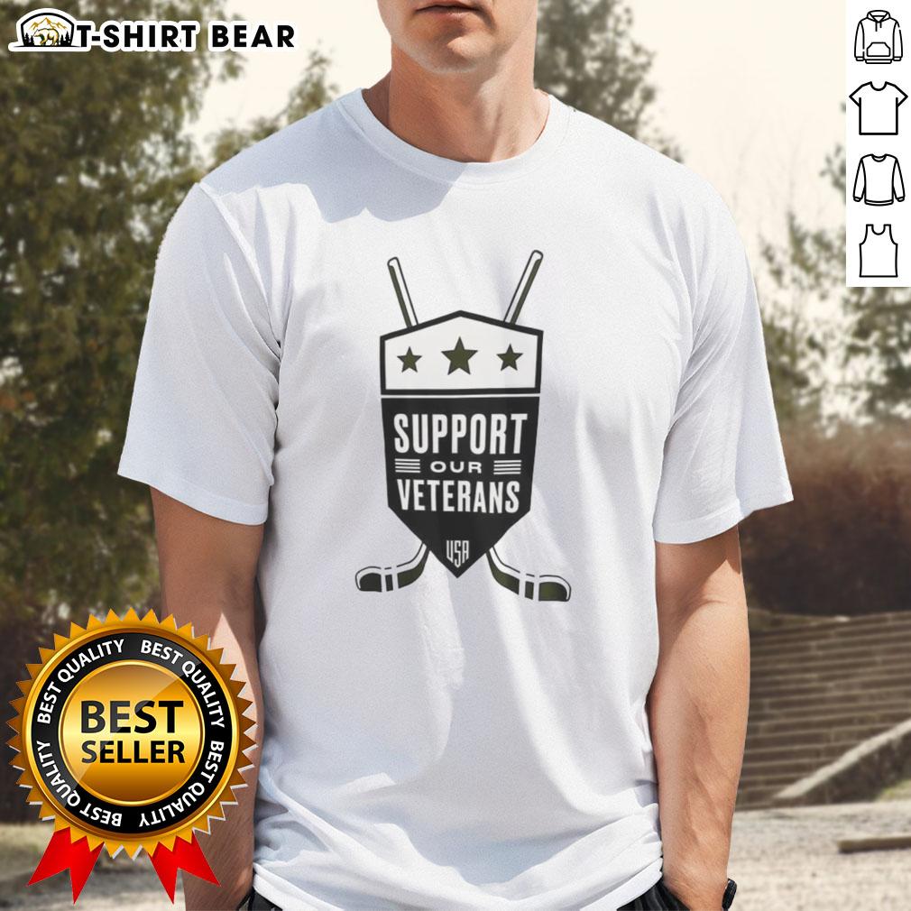 Hot Support Our Veterans USA NHL T-Shirt featuring patriotic design and team logo, perfect for hockey fans supporting veterans.