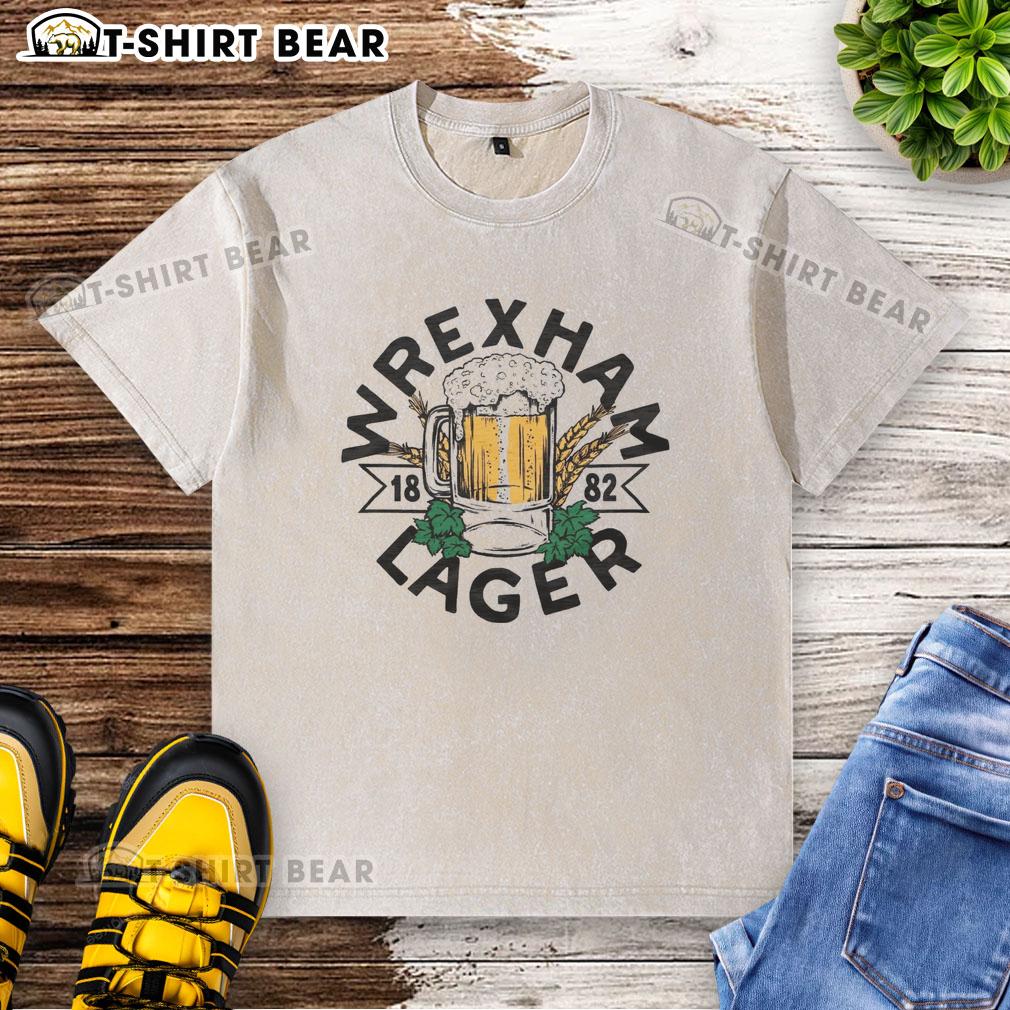 Hot Wrexham Lager 1882 mug design on a washed T-shirt, perfect for fans of Wrexham Lager merchandise.