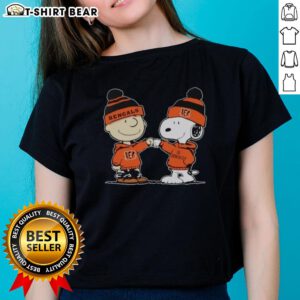 Nice Cincinnati Bengals Snoopy and Charlie Brown Best Friends Ladies Tee featuring playful cartoon design and team colors.